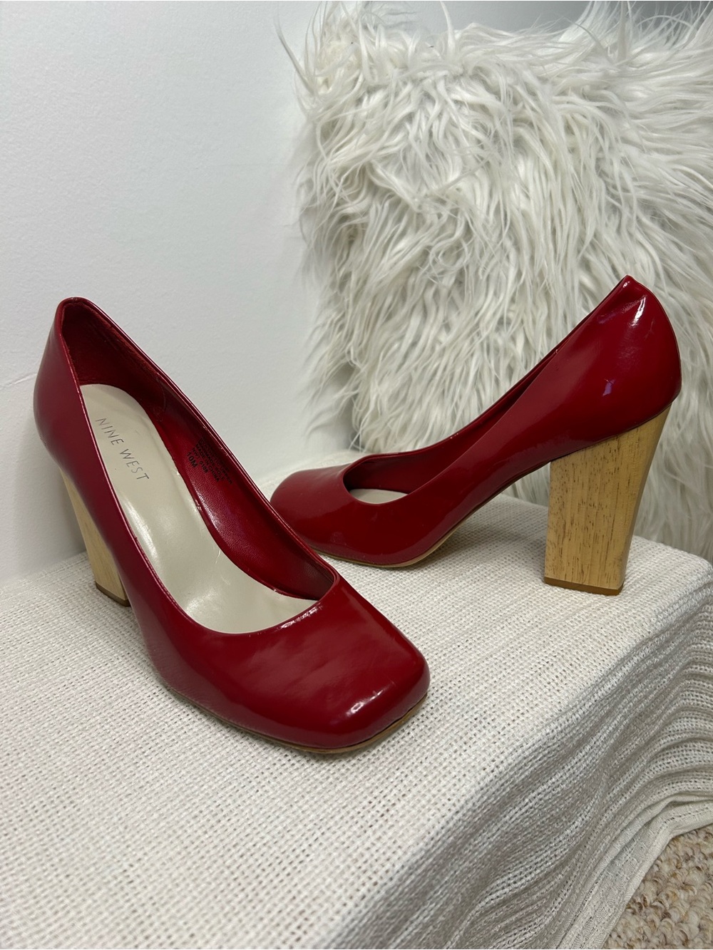 Nine West Red Patent Block Heel Pumps with Wooden Block Heel